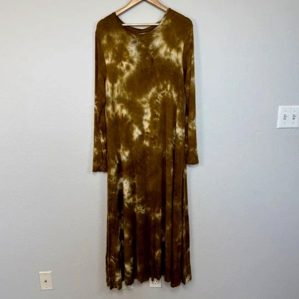Natural Life Dress Womens M/L Brown Tie Dye Long Sleeve Maxi Pockets Boho Rayon